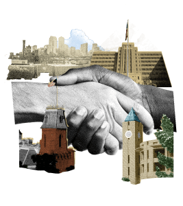 graphic showing buildings at the University of Colorado and shaking hands