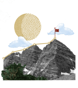 graphic showing mountains, points along a path leading up to a flag on the peak